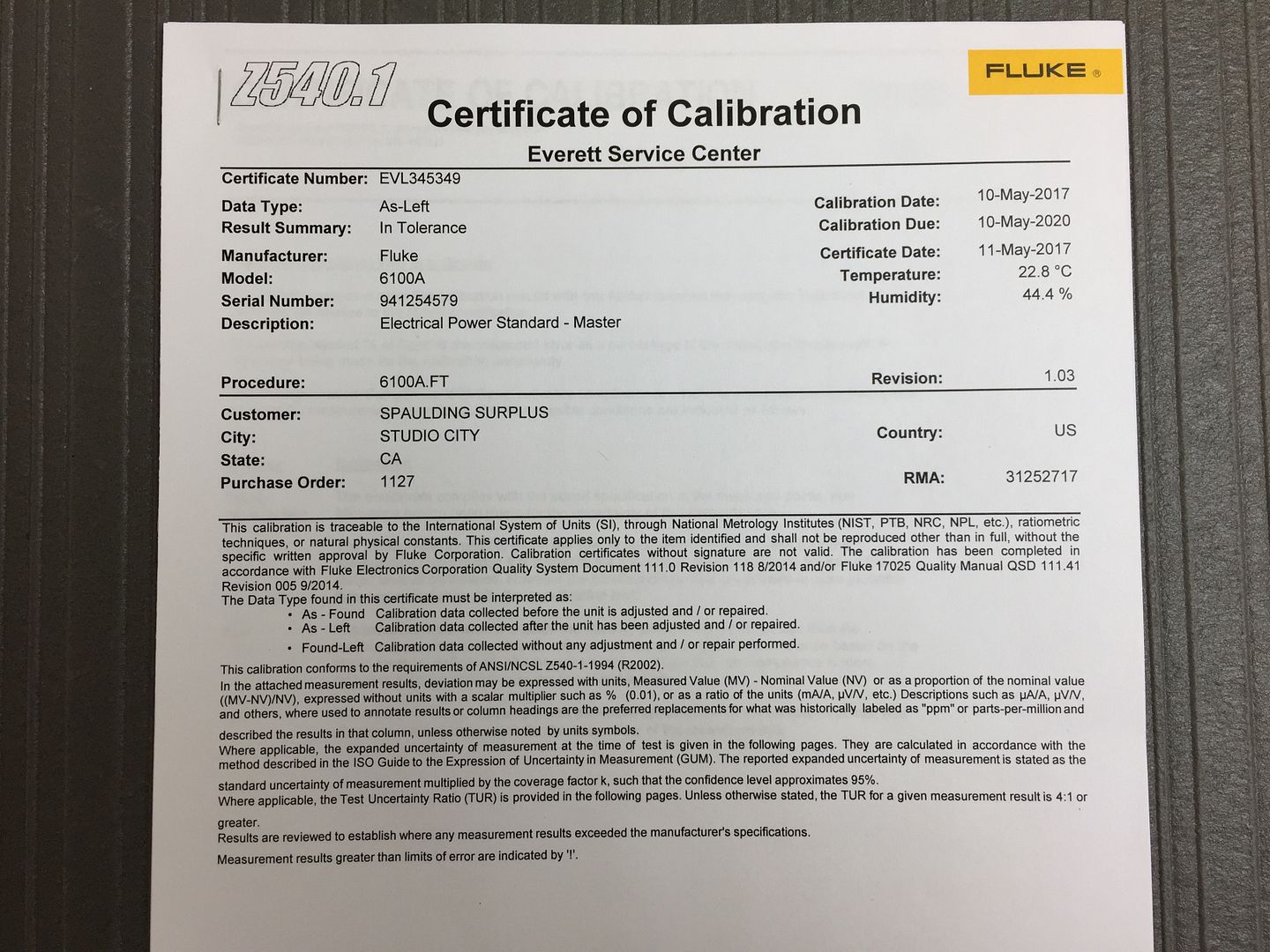 Fluke 6100A Electrical Power Standard / Calibrator with MFG Z540